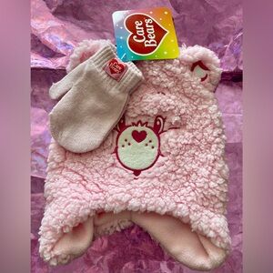 Care Bears Pink Sherpa Earflap Hat with Matching Pink Mittens Size Small CHILD